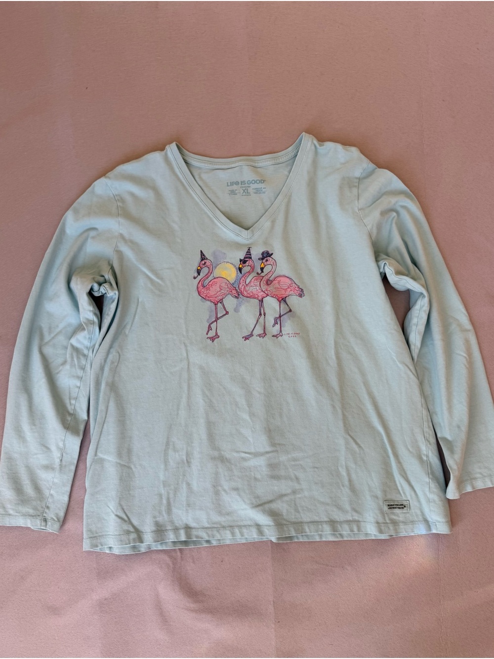 Life Is Good Party Flamingos  Women’s V-Neck Long Sleeve Tee - Size XL